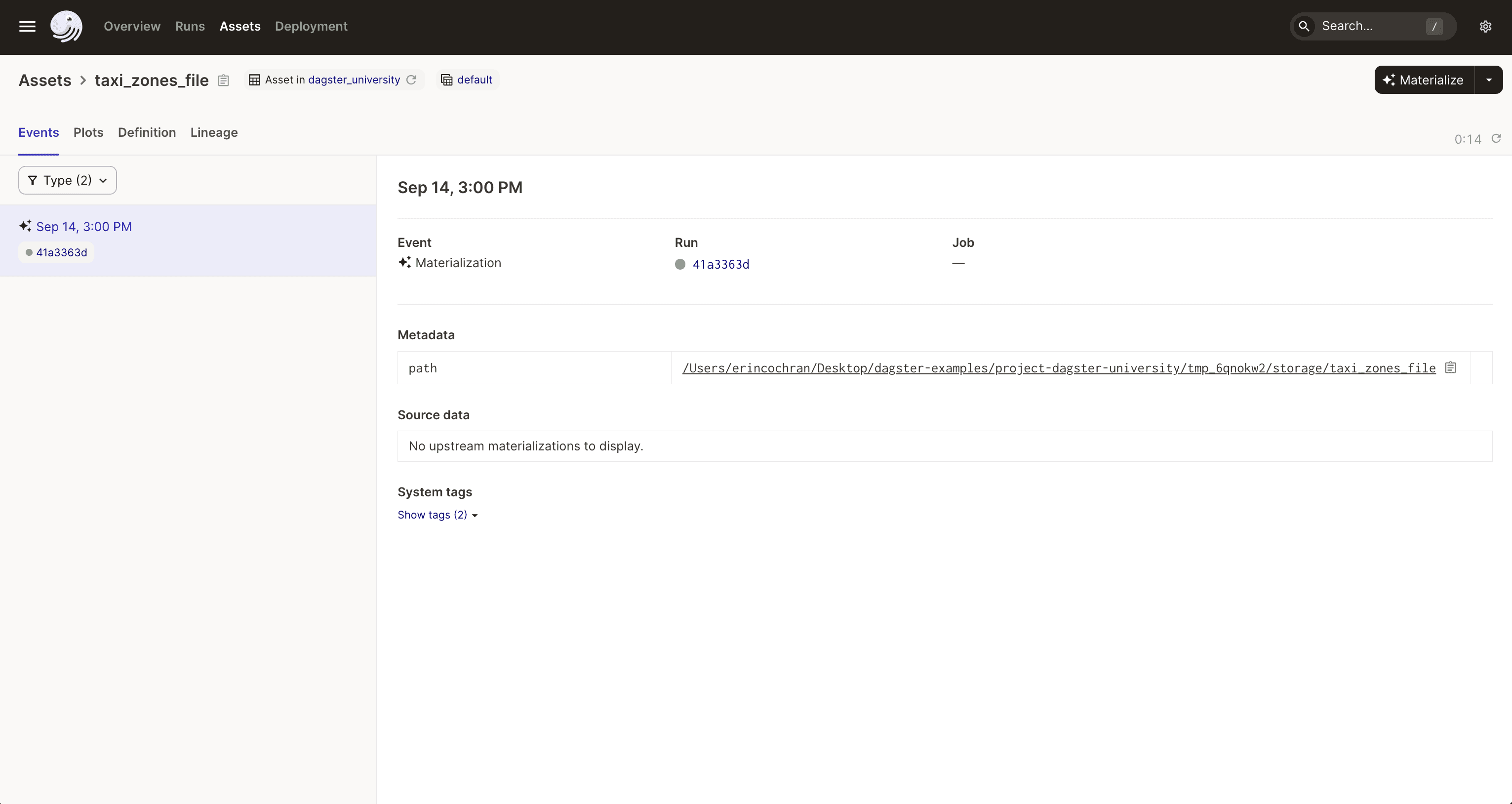 Asset details page in the UI